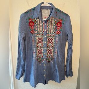Johnny Was 3J Workshop Polly Button Back Embroidered Long Sleeve Size XS